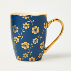 1Pc Ceramic Coffee Mug with Gold Handle – Elegant Floral Print Tea & Coffee Cup Blue