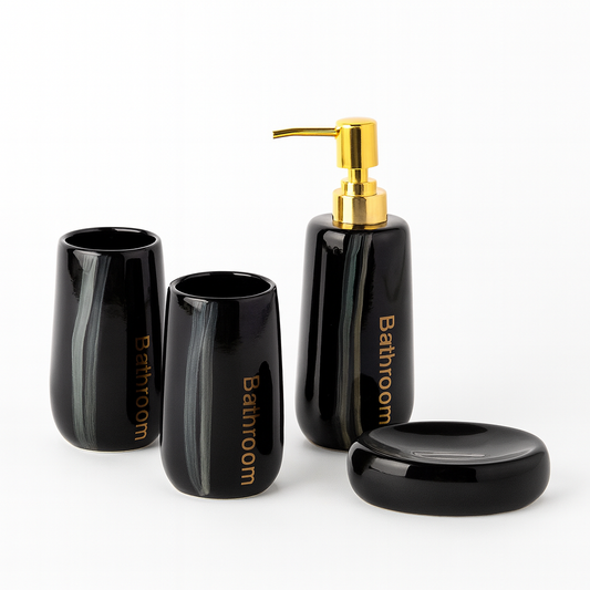 Elegant 4-Piece Ceramic Bathroom Accessory Set – White & Black Marble Finish | Soap Dispenser, Toothbrush Holder, Tumbler & Soap Dish