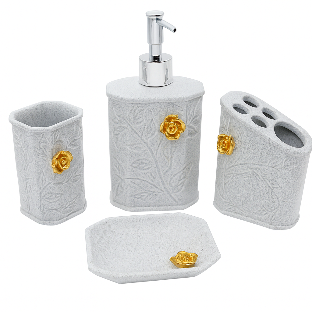 Luxury 4-Piece White Embossed Ceramic Bathroom Set with Gold Detailing | Soap Dispenser, Toothbrush Holder, Tumbler & Soap Dish