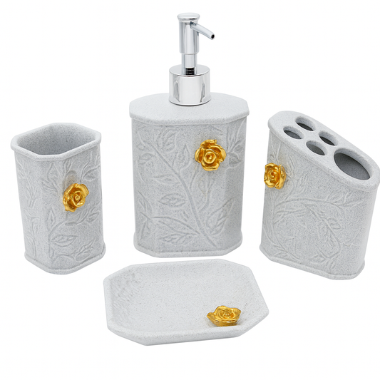 Luxury 4-Piece White Embossed Ceramic Bathroom Set with Gold Detailing | Soap Dispenser, Toothbrush Holder, Tumbler & Soap Dish