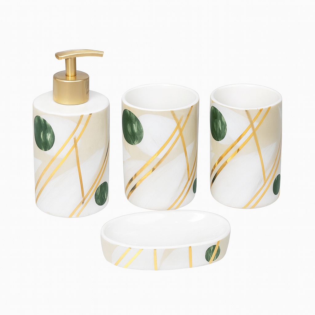 Modern 4-Piece Ceramic Bathroom Accessory Set – Green & Pink Abstract Design with Gold Accents | Soap Dispenser, Toothbrush Holder, Tumbler &Soap Dish