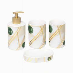 Modern 4-Piece Ceramic Bathroom Accessory Set – Green & Pink Abstract Design with Gold Accents | Soap Dispenser, Toothbrush Holder, Tumbler &Soap Dish