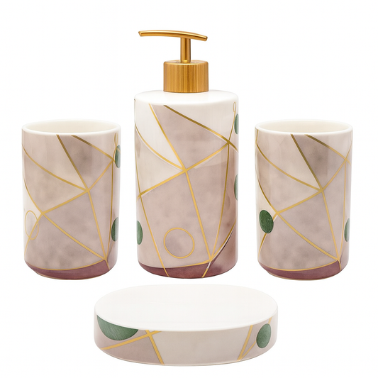 Modern 4-Piece Ceramic Bathroom Accessory Set – Green & Pink Abstract Design with Gold Accents | Soap Dispenser, Toothbrush Holder, Tumbler &Soap Dish