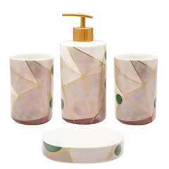 Modern 4-Piece Ceramic Bathroom Accessory Set – Green & Pink Abstract Design with Gold Accents | Soap Dispenser, Toothbrush Holder, Tumbler &Soap Dish