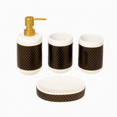 Luxury 4-Piece Ceramic Bathroom Set with Textured Black & Gold Detailing | Soap Dispenser, Toothbrush Holder, Tumbler & Soap Dish