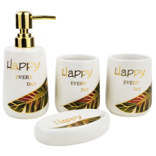 Luxury 4-Piece Black & Gold Ceramic Bathroom Set – Happy Design | Soap Dispenser, Toothbrush Holder, Tumbler & Soap Dish