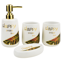 Luxury 4-Piece Black & Gold Ceramic Bathroom Set – Happy Design | Soap Dispenser, Toothbrush Holder, Tumbler & Soap Dish