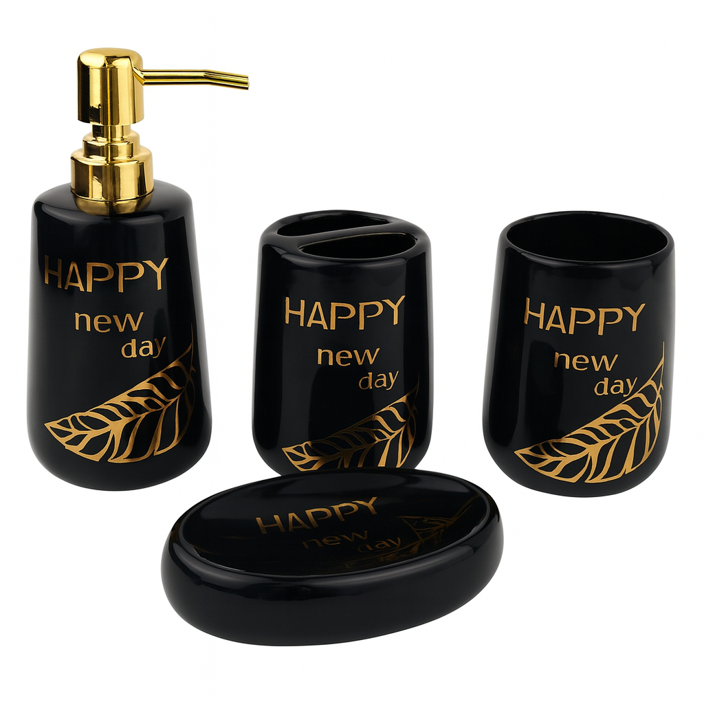 Luxury 4-Piece Black & Gold Ceramic Bathroom Set – Happy Design | Soap Dispenser, Toothbrush Holder, Tumbler & Soap Dish