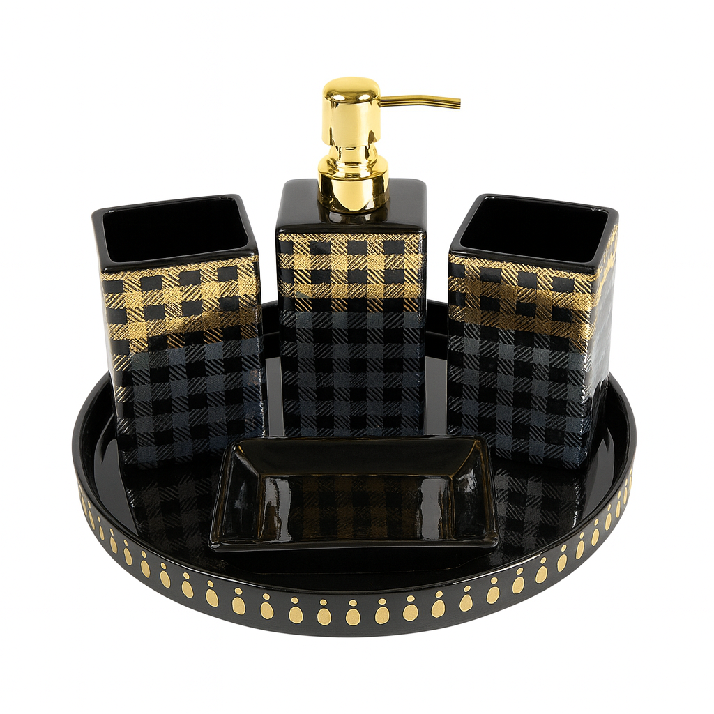 Luxury 4-Piece Black Checkered Ceramic Bathroom Set with Gold Pump | Soap Dispenser, Toothbrush Holder, Tumbler & Soap Dish with Tray