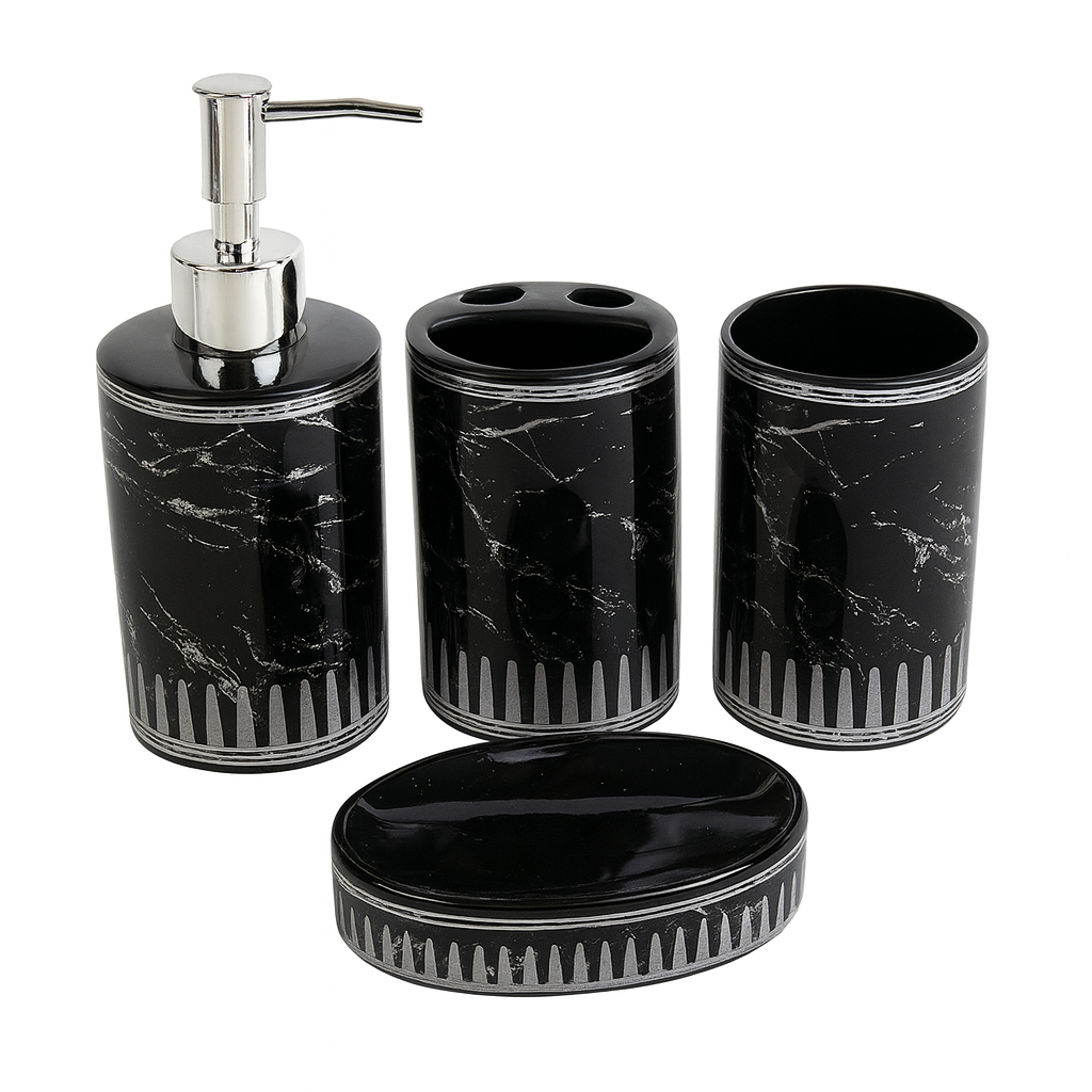 Modern 4-Piece Black Marble Ceramic Bathroom Set with Silver & Golden Accents | Soap Dispenser, Toothbrush Holder, Tumbler & Soap Dish