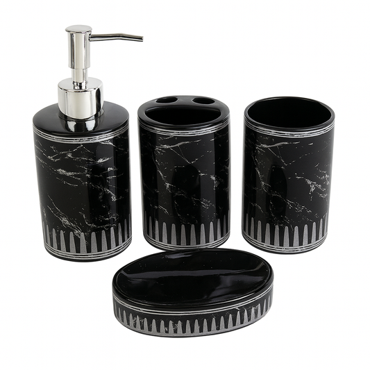Modern 4-Piece Black Marble Ceramic Bathroom Set with Silver & Golden Accents | Soap Dispenser, Toothbrush Holder, Tumbler & Soap Dish
