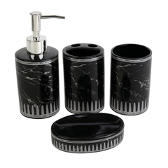 Modern 4-Piece Black Marble Ceramic Bathroom Set with Silver & Golden Accents | Soap Dispenser, Toothbrush Holder, Tumbler & Soap Dish