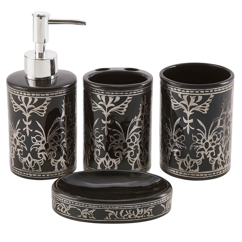 Luxury 4-Piece Black Ceramic Bathroom Set with Silver & Golden Detailing | Soap Dispenser, Toothbrush Holder, Tumbler & Soap Dish