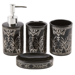 Luxury 4-Piece Black Ceramic Bathroom Set with Silver & Golden Detailing | Soap Dispenser, Toothbrush Holder, Tumbler & Soap Dish