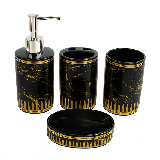 Modern 4-Piece Black Marble Ceramic Bathroom Set with Silver & Golden Accents | Soap Dispenser, Toothbrush Holder, Tumbler & Soap Dish