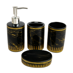 Modern 4-Piece Black Marble Ceramic Bathroom Set with Silver & Golden Accents | Soap Dispenser, Toothbrush Holder, Tumbler & Soap Dish