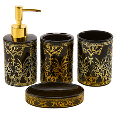 Luxury 4-Piece Black Ceramic Bathroom Set with Silver & Golden Detailing | Soap Dispenser, Toothbrush Holder, Tumbler & Soap Dish