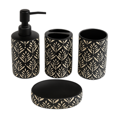Modern 4-Piece Black & White Ceramic Bathroom Set with Geometric Leaf Design | Soap Dispenser, Toothbrush Holder, Tumbler & Soap Dish
