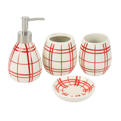 4-Piece Ceramic Bath Set – Black & White Plaid Design | Elegant Bathroom Accessories Set