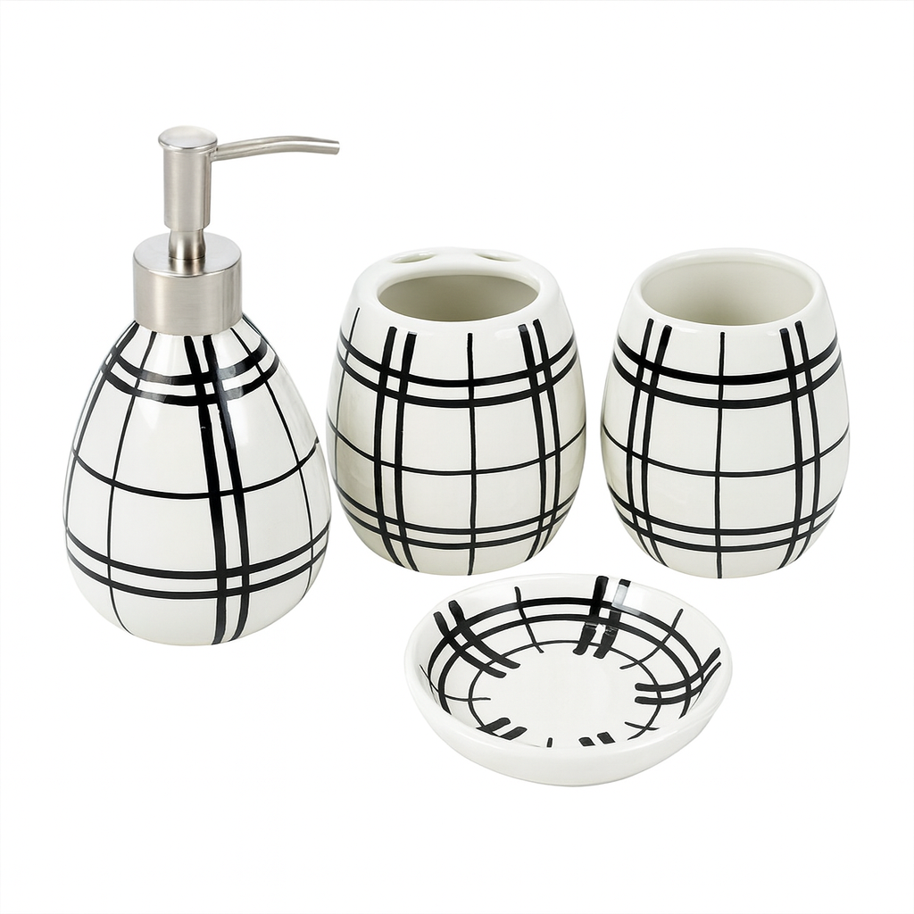 4-Piece Ceramic Bath Set – Black & White Plaid Design | Elegant Bathroom Accessories Set