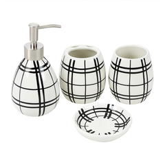 4-Piece Ceramic Bath Set – Black & White Plaid Design | Elegant Bathroom Accessories Set