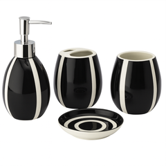 4-Piece Ceramic Bath Set – Glossy Black with White Stripes | Contemporary Bathroom Accessories