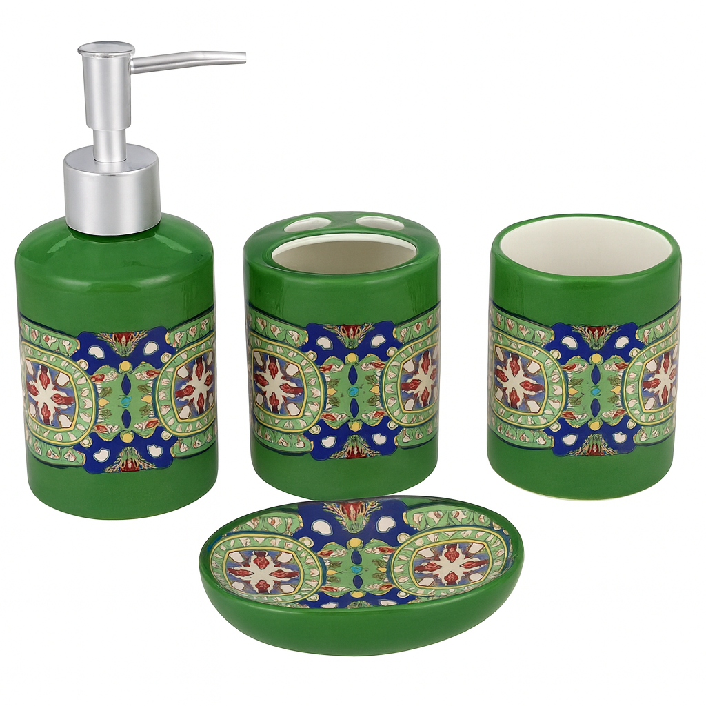 4-Piece Ceramic Bath Set – Floral Mosaic Design in Green & Pink | Elegant Bathroom Accessory Set