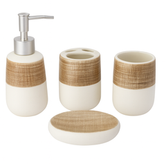 4-Piece Ceramic & Bamboo Bathroom Accessory Set – Soap Dispenser, Toothbrush Holder, Tumbler & Soap Dish