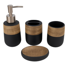 4-Piece Matte Black Ceramic & Bamboo Bathroom Accessory Set – Soap Dispenser, Toothbrush Holder, Tumbler & Soap Dish