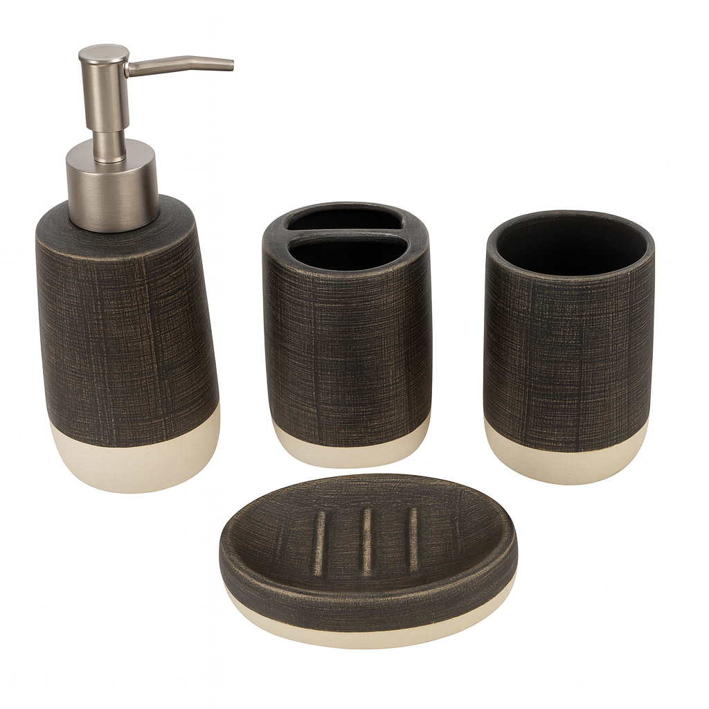 4-Piece Brown Ceramic Bathroom Accessory Set – Modern Soap Dispenser, Toothbrush Holder, Tumbler & Soap Dish