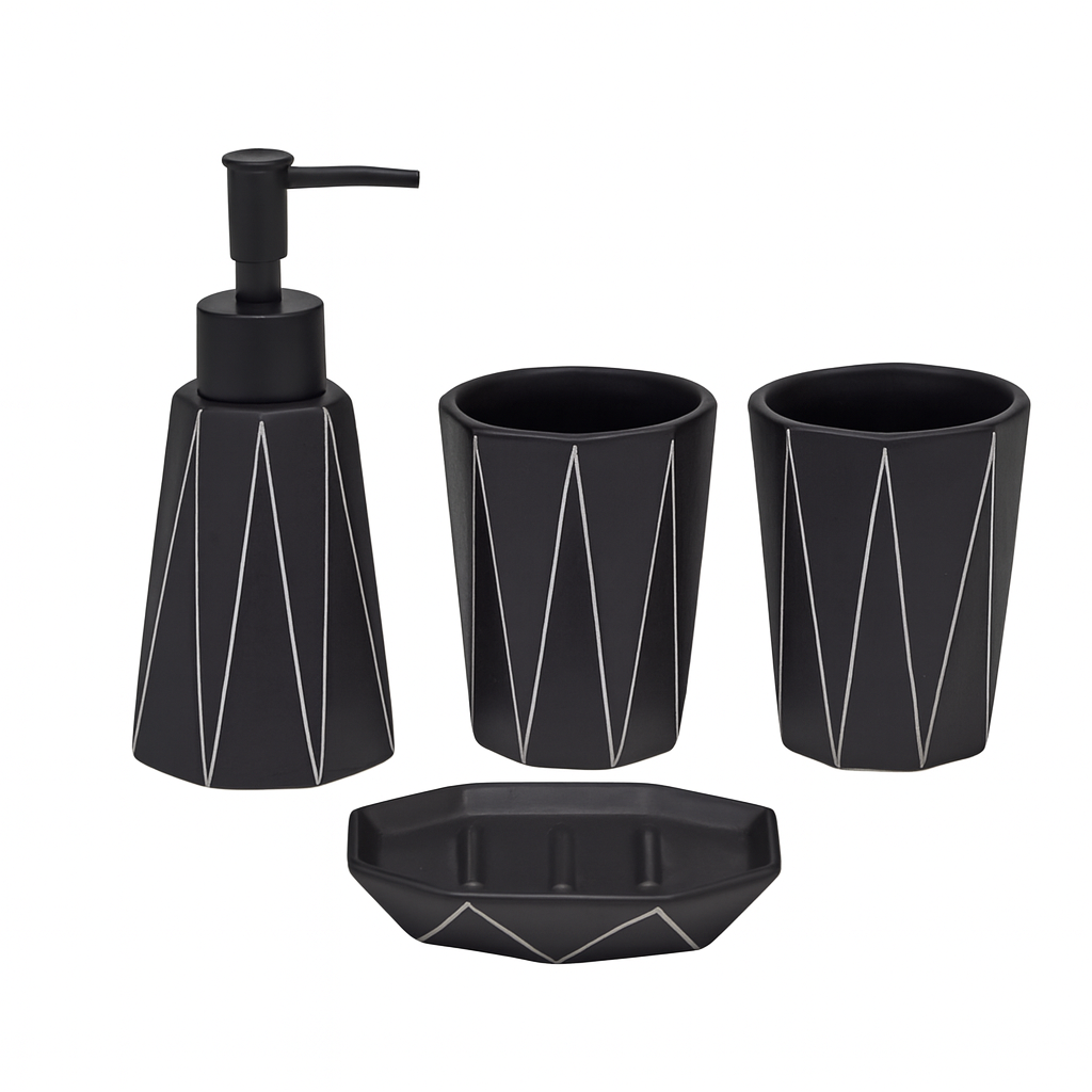 4-Piece Black Geometric Bathroom Accessory Set – Modern Ceramic Soap Dispenser, Toothbrush Holder, Tumbler & Soap Dish