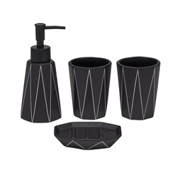 4-Piece Black Geometric Bathroom Accessory Set – Modern Ceramic Soap Dispenser, Toothbrush Holder, Tumbler & Soap Dish