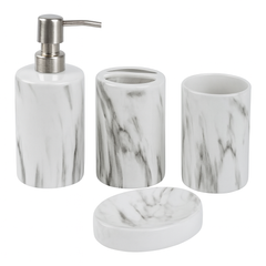 4-Piece White Marble Bathroom Accessory Set – Elegant Ceramic Soap Dispenser, Toothbrush Holder, Tumbler & Soap Dish
