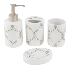 4-Piece White Ceramic Bathroom Accessory Set – Elegant Patterned Soap Dispenser, Toothbrush Holder, Tumbler & Soap Dish