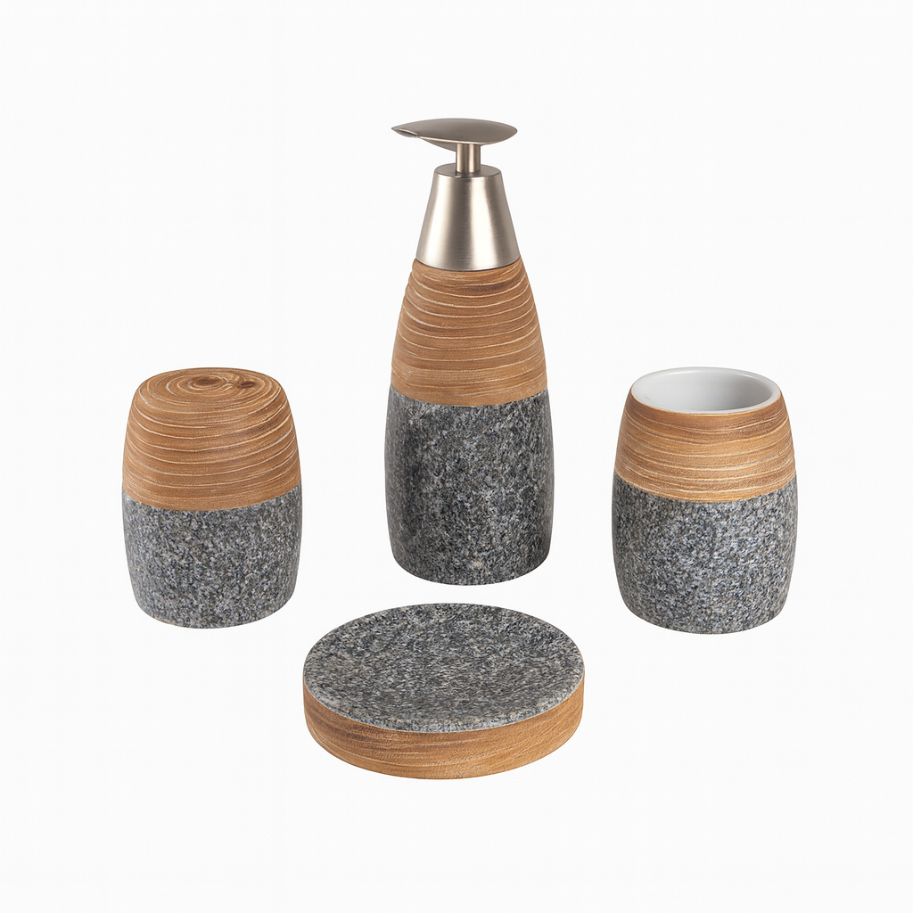 4-Piece Natural Stone & Wood Look Bathroom Accessory Set – Modern Soap Dispenser, Toothbrush Holder, Tumbler & Soap Dish
