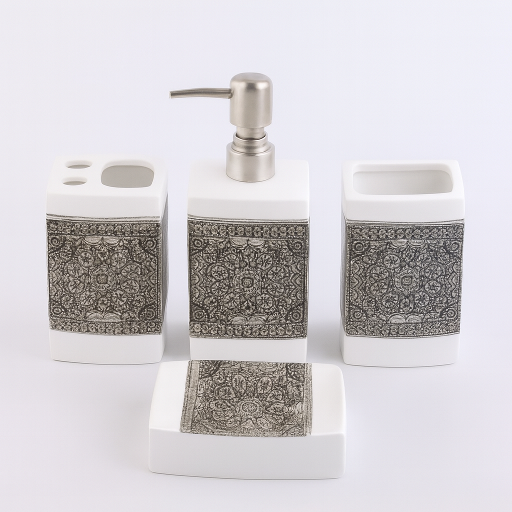 4-Piece White & Brown Ceramic Bathroom Accessory Set – Modern Textured Soap Dispenser, Toothbrush Holder, Tumbler & Soap Dish
