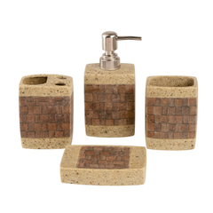 4-Piece White & Brown Ceramic Bathroom Accessory Set – Modern Textured Soap Dispenser, Toothbrush Holder, Tumbler & Soap Dish