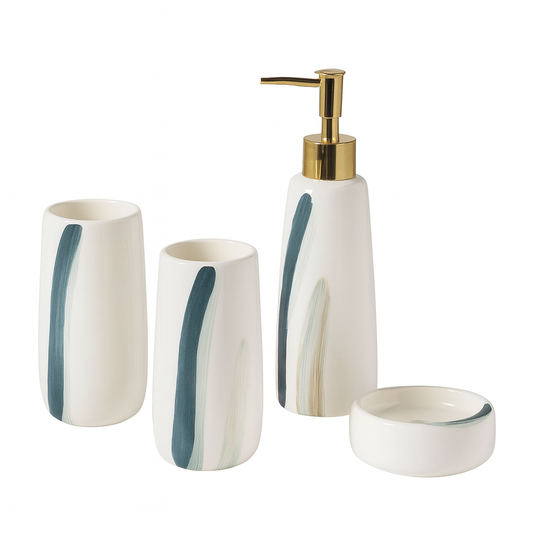 Elegant 4-Piece Ceramic Bathroom Accessory Set – White & Black Marble Finish | Soap Dispenser, Toothbrush Holder, Tumbler & Soap Dish