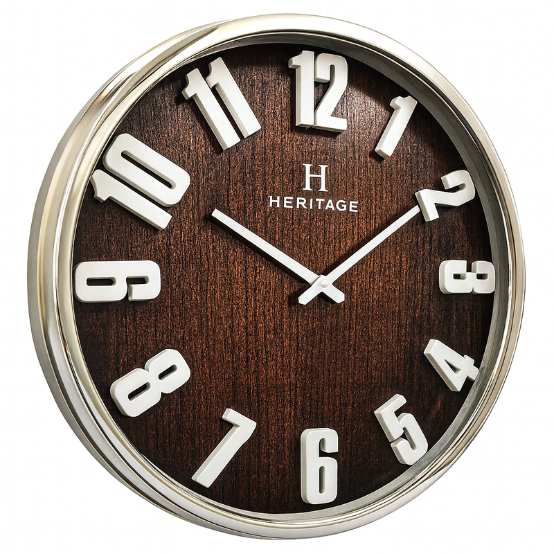 Heritage “Albino” Wall Clock – 20-Inch Modern Brown Wood-Style Decorative Clock with Silver Plastic Frame - Habitt