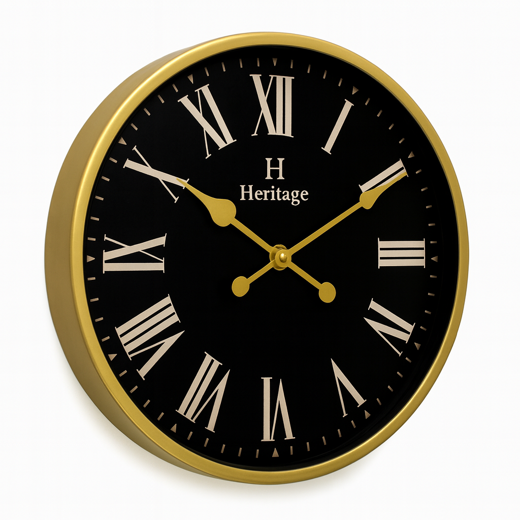 SCOTTISH 20" Heritage Wall Clock – Black Dial with Gold Plastic Frame and Roman Numerals
