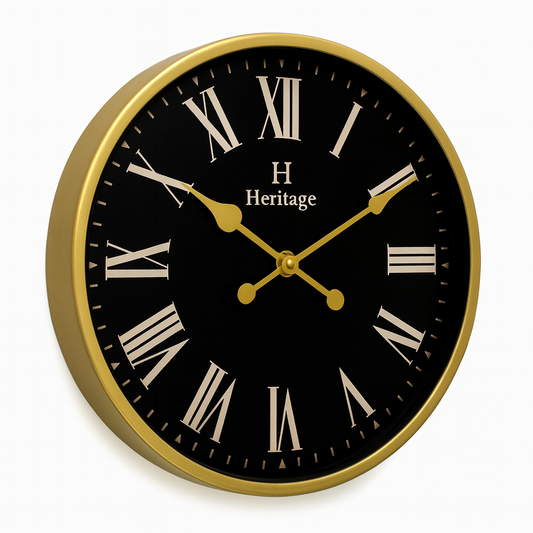 SCOTTISH 20" Heritage Wall Clock – Black Dial with Gold Plastic Frame and Roman Numerals