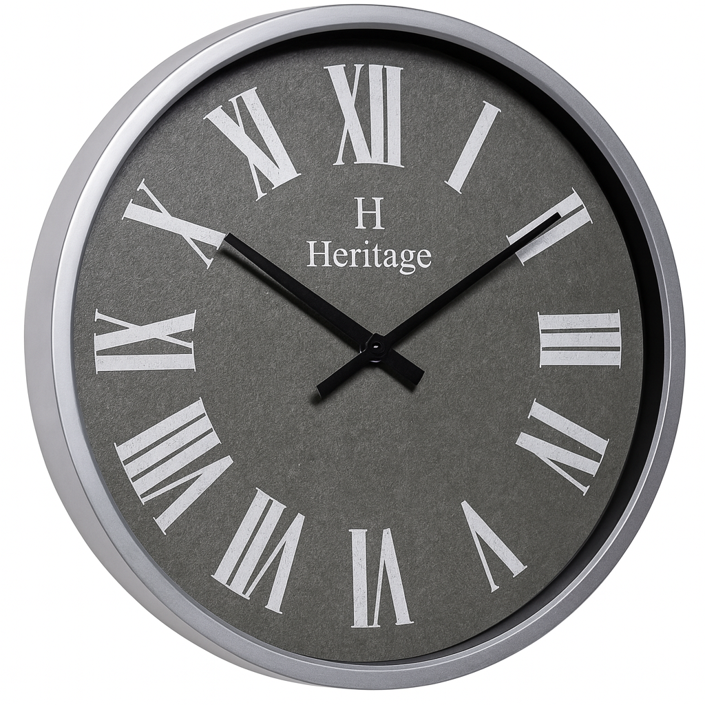 SCOTTISH 20" Heritage Wall Clock – Grey Dial with Silver Plastic Frame and Roman Numerals