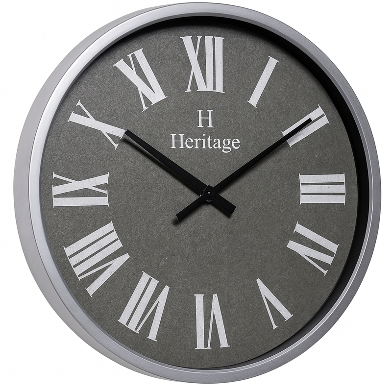 SCOTTISH 20" Heritage Wall Clock – Grey Dial with Silver Plastic Frame and Roman Numerals - Habitt