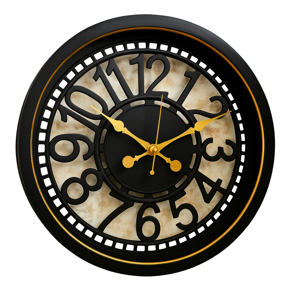 CAMBRIDGE Wall Clock – Black and Gold Plastic Frame with Layered Vintage Dial