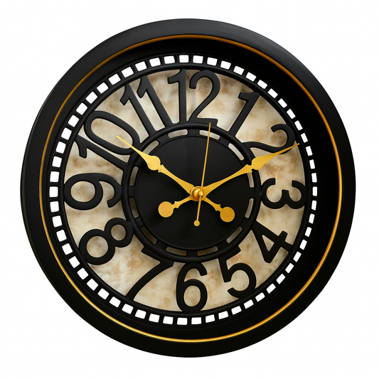 CAMBRIDGE Wall Clock – Black and Gold Plastic Frame with Layered Vintage Dial