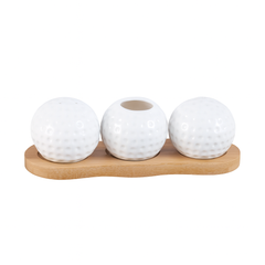 Salt &  Pepper Set – White Textured Ceramic with Wooden Base