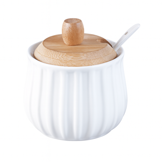 Sugar Pot with Lid – White Ceramic Jar with Wooden Top & Spoon