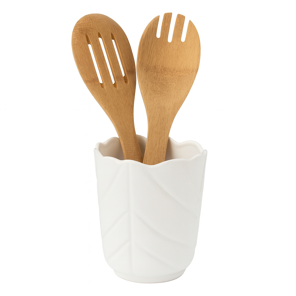 Spoon Holder – White Ceramic Utensil Stand with Wooden Spoons