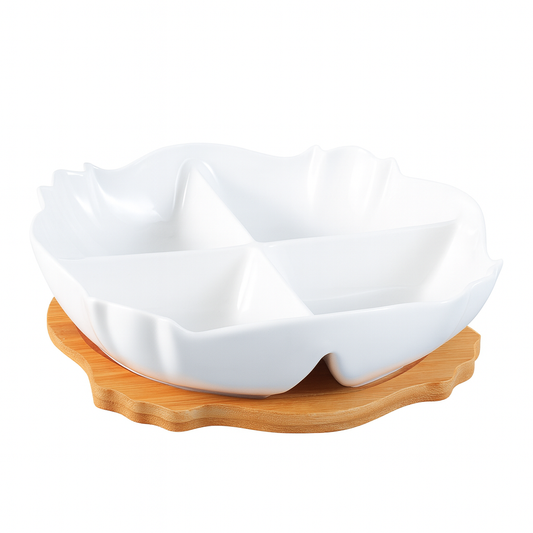 Dish with Bamboo Base – White Ceramic 4-Section Platter