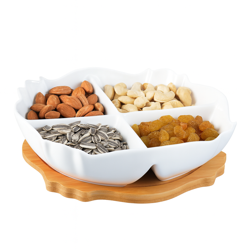 Dish with Bamboo Base – White Ceramic 4-Section Platter